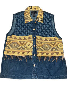 Vintage New Directions Denim Southwest Print Western Button Vest